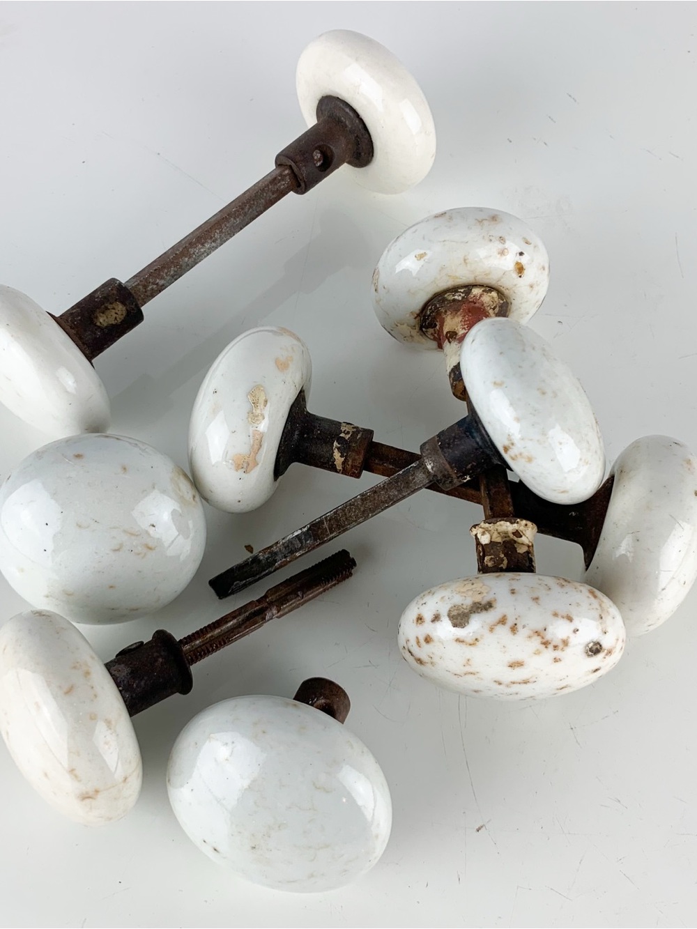 10 Antique Porcelain White Door Knobs Spindles Farmhouse Architectural Salvage
